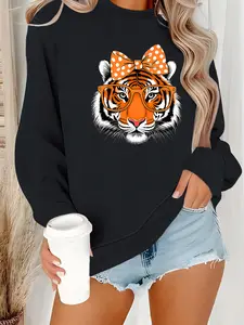 Women's Casual Round Neck Sweatshirt with Tiger Print, All-Season Fashion Top, Comfortable Daily Wear