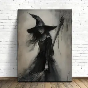 With frame Dark Wind Charcoal Witch Artwork Poster- Print for Living Room Abstract Canvas Wall Art -Home Office Decor Poster Decoration Ornaments Artistic Photo Holding Broomstick Portrait Dark Halloween Decor Witchcraft Wicca Canvas Wall Art  Living Room