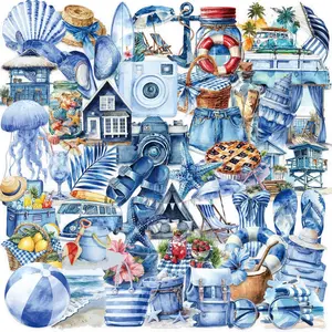 50 Pcs Summer Beach Blue Style Decorative Stickers, Phone Toys Notebook Diary Poster Luggage DIY Wall Decals Adhesive