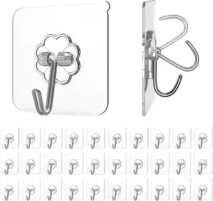 Adhesive Hooks Kitchen Wall Hooks - 30 Packs Heavy Duty Nail Free Transparent,Waterproof,Sticky Stainless Hangers for Keys,Bathroom, Shower, Outdoor, Kitchen,Door,Home Improvement,Utility