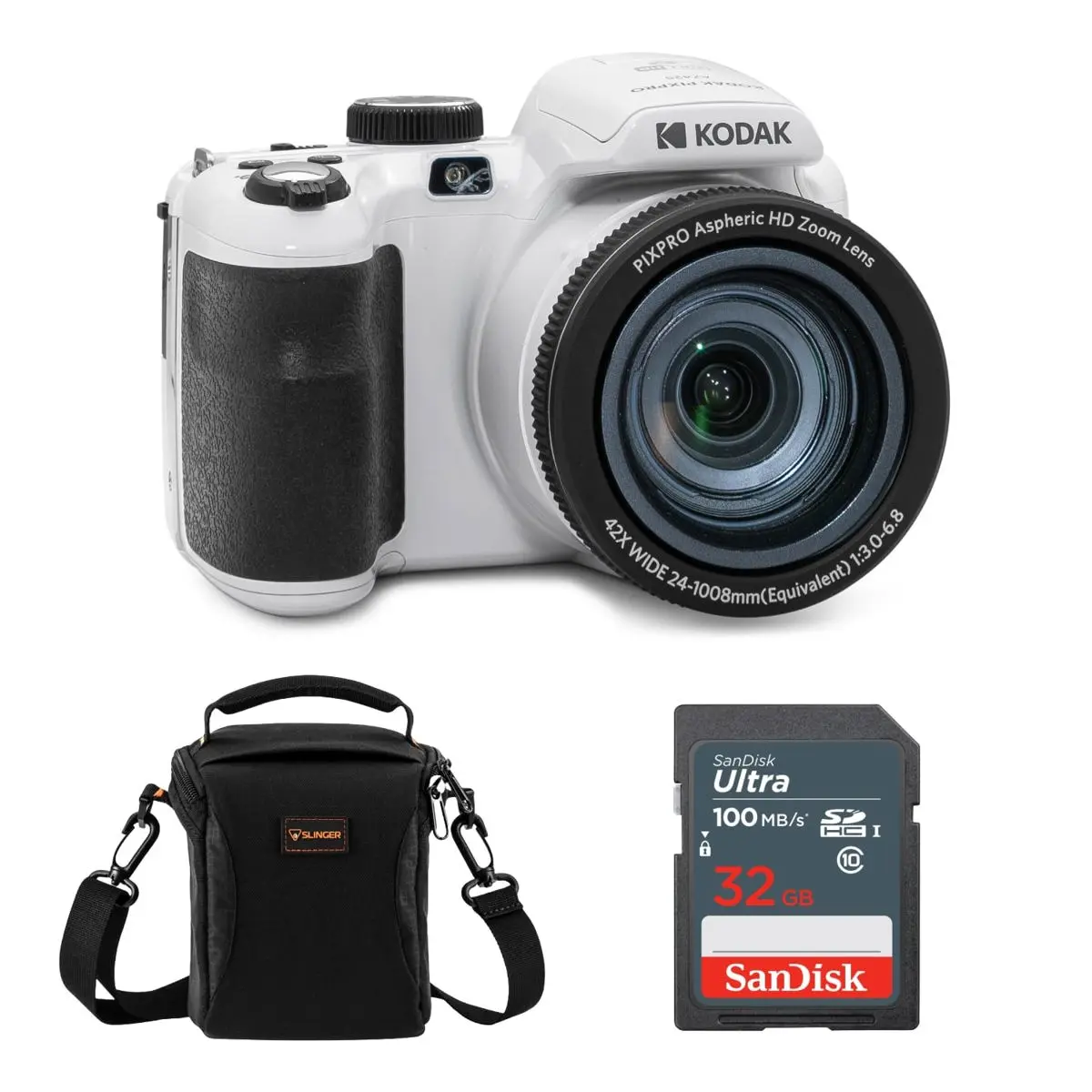 Kodak PIXPRO AZ425 Astro Zoom Point & Shoot Digital Camera - 20MP, Full HD, Built-In Lens, HD Display Screen, White, Bundle with 32GB Memory Card, Camera Bag, Built-In Lens Point & Shoot Cameras