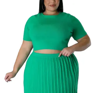 Women's Plus Size Green Skirt Set - Green Top with Cutout Detail & Matching Pleated Skirt for Stylish Wear