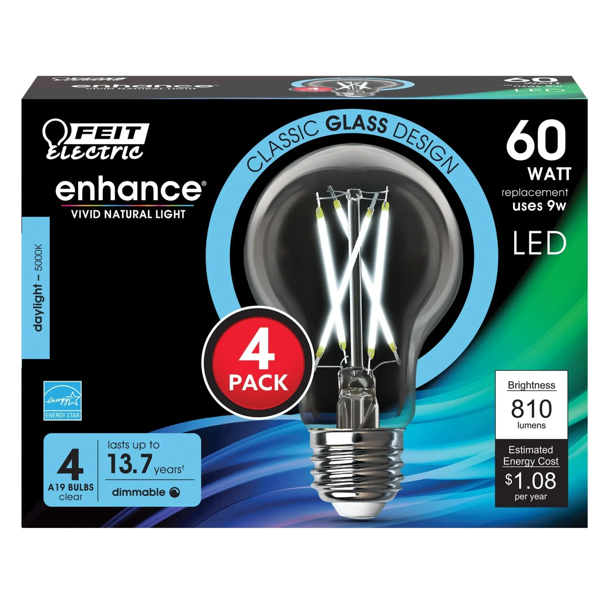 Feit Electric 60 WattReplacement A19 Daylight 5000K E26 Base Dimmable LED Light Bulb 4 Pack