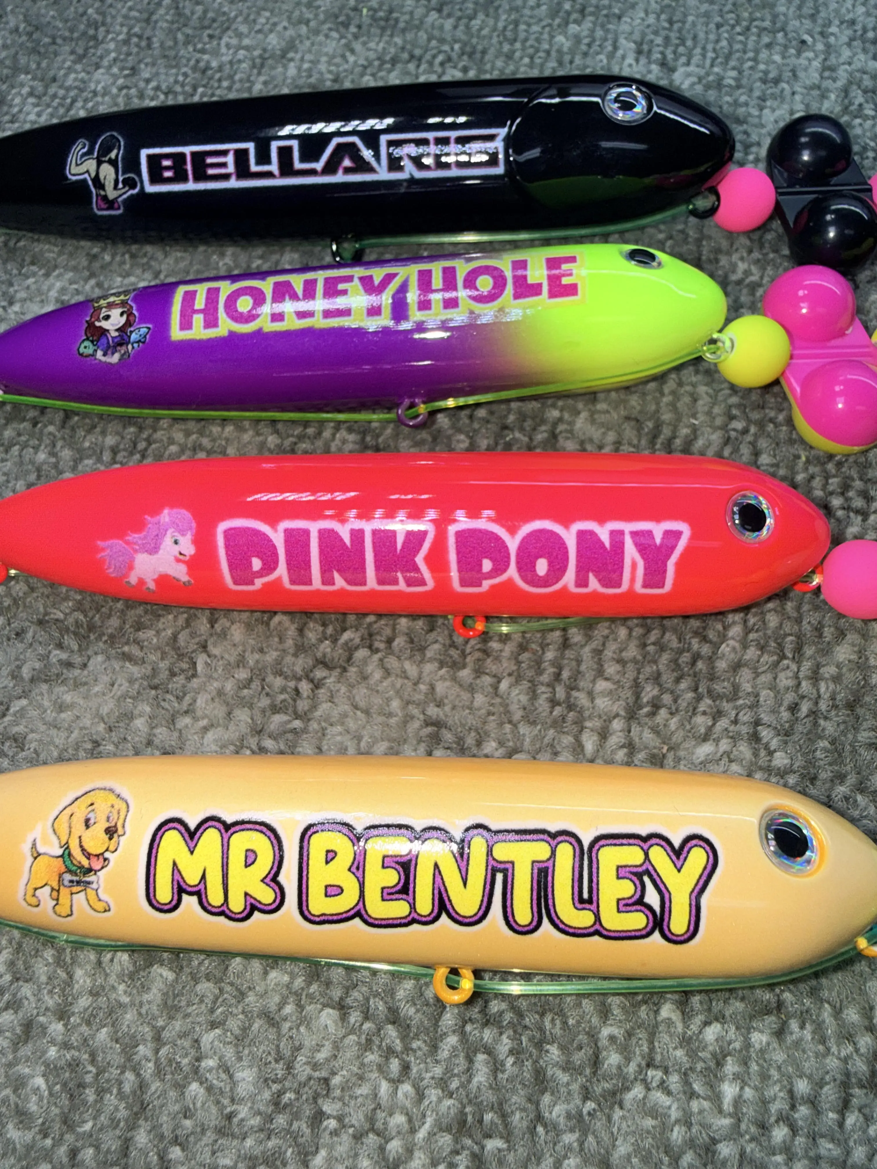 Bella & Three Littles 4 Pack:  Bella (13cm), Honey Hole (11cm), Pink Pony (11cm), and Mr. Bentley (11cm) on 4/0 and 6/0 Hooks and mono leader lines