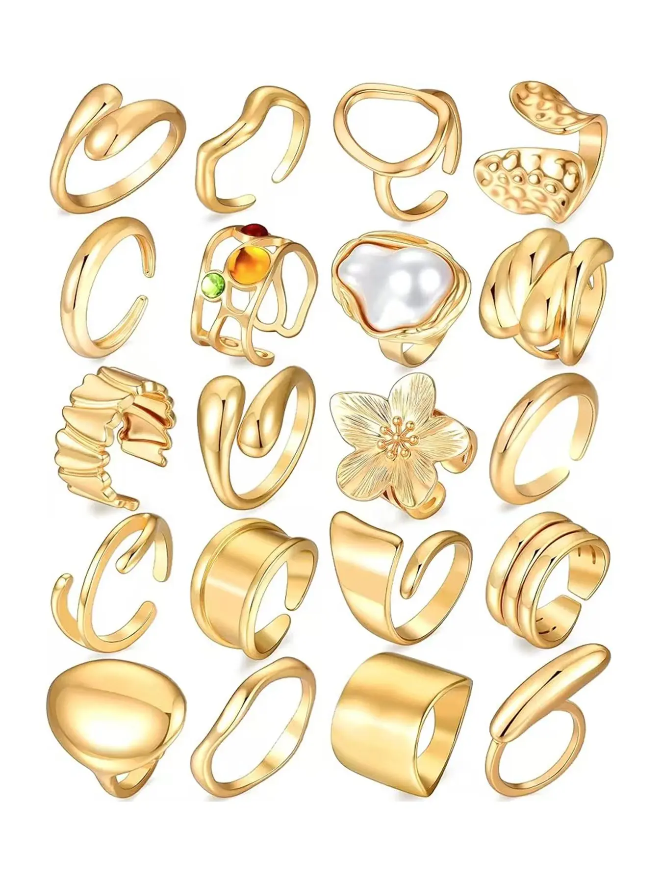 20 Pcs Gold Ring Set for Women, Chunky Statement Flower Finger Midi Rings, Big Boho Style Stacking Rings Pack Trendy Stuff Jewelry Gift, Bohemian Stackable Rings, Beautiful Rings