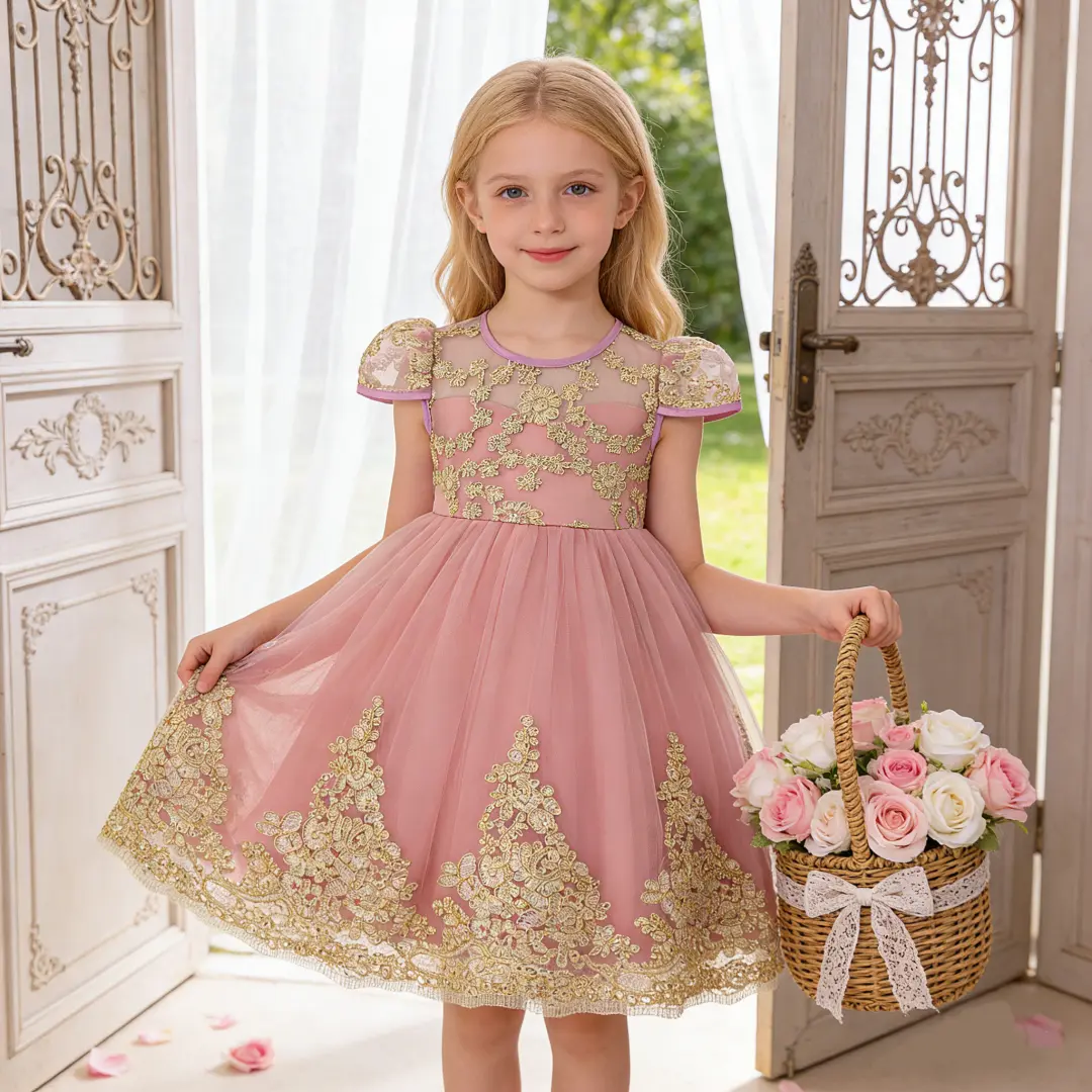 6051 Lace Flower Embroidery Rose Pink Gold Embroidery High-end Lace Embroidery Dress Princess Dress Suitable for Girls Birthday Party