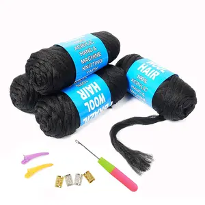 Brazilian  Hair  Yarn for  Braids/Senegalese Twist/Faux Locs/Wraps with Crochet Hook(4 Roll,  Black)