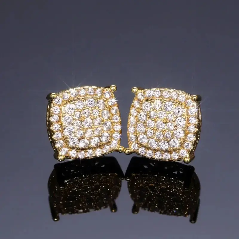 Buburbo Statement Earrings, 12mm Geometric Square Hip Hop Pave Studs with AAA Cubic Zirconia, Gold Plated Unisex Street Jewelry for Stage Party, Gold Artificial Gemstone Earrings, Aaa Grade, Square Shape, Birthday