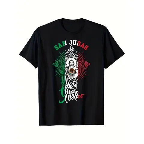 Men's Mexican Saint Jude Thaddeus T-Shirt - Heavyweight 3d Shirts Graphic Teessm Polyester Crew Neck Tee with SAN JUDAS & Mexico Graphic - Vintage Catholic Religious Shirt for Themed Events