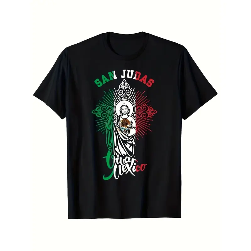 Men's Mexican Saint Jude Thaddeus T-Shirt - Heavyweight 3d Shirts Graphic Teessm Polyester Crew Neck Tee with SAN JUDAS & Mexico Graphic - Vintage Catholic Religious Shirt for Themed Events