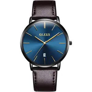 OLEVS Mens Watches Date Ultra Thin Minimalist Fashion Casual Analog Quartz Watch Slim Simple Big Face Waterproof Dress Wrist Watches with Leather Band for Men