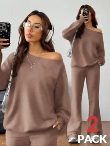 Women's Two-Piece Sports Set, Sweatsuit Set Outfit, Loose Solid Color Knit Asymmetrical Neck Long Sleeve Top, Fall Winter Flare Pants