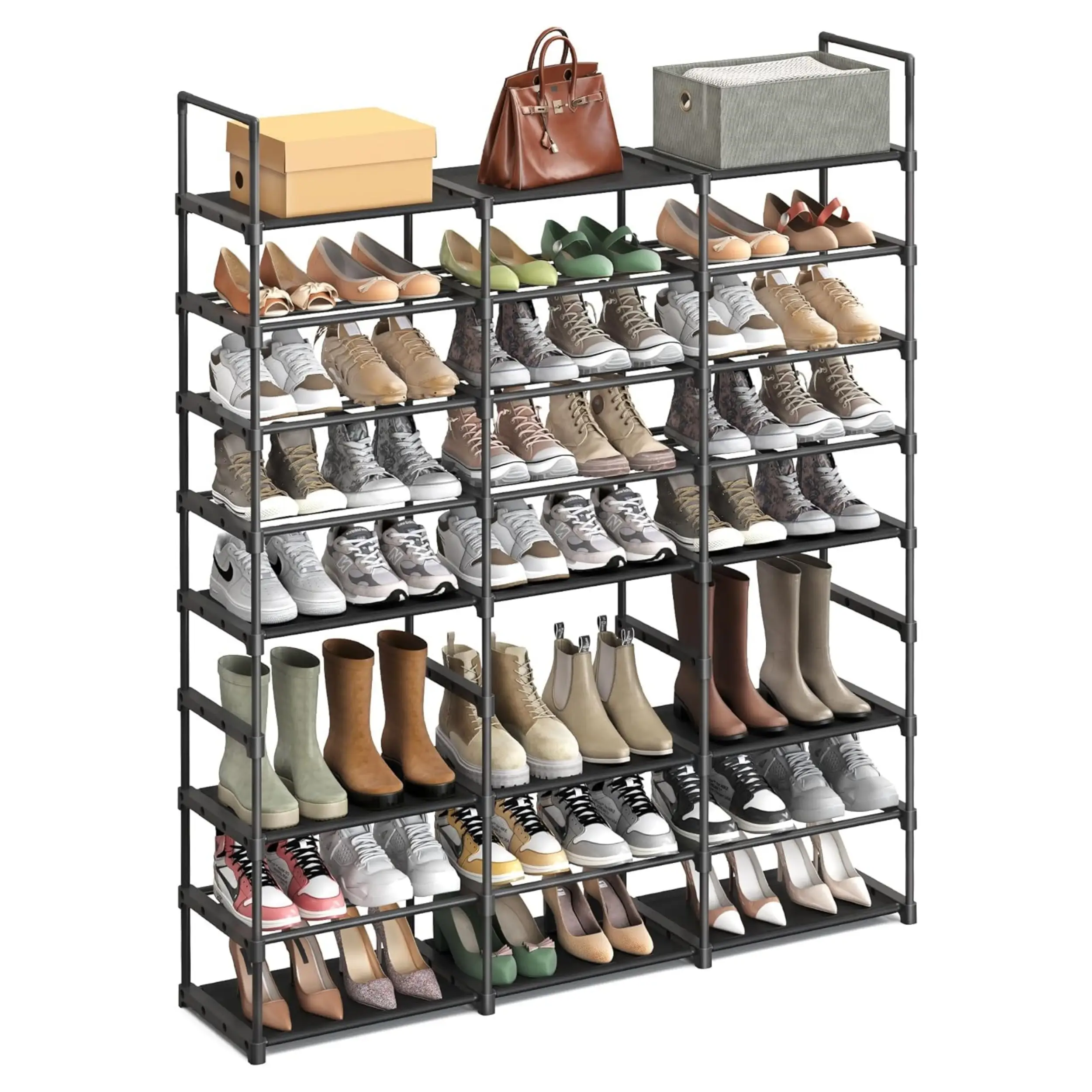 FCH Large Shoe Rack, 8-Tier Shoe Organizer, Shoe Storage Holds up to 48 Pairs, Stackable, Large Capacity, Steel Tubes and Non-Woven Fabric, for Entryw