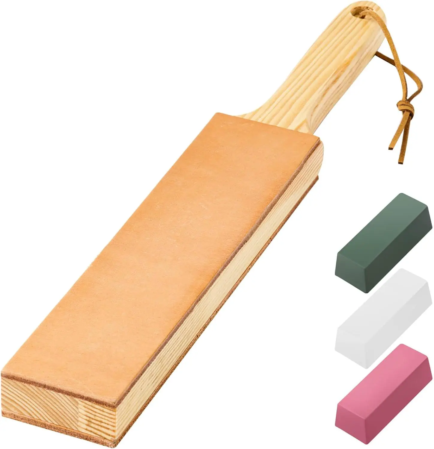 Double Side Leather Strop for  Sharpening - 14"x 2" Stropping Block Kit with Polishing Compound,  Strop with  Handle for Honing , Woodworking Chisels