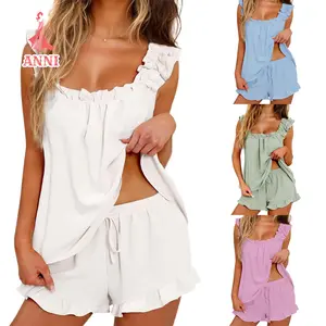 Women's Summer Lounge Set Ruffle Shoulder Strap Tank Tops Drawstring Shorts Sleepwear Sets Loungewear Pants