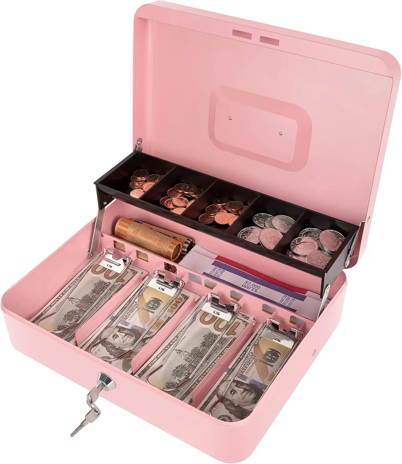 Cash Box with Money Tray and Key Lock, Money Box Safe Locking