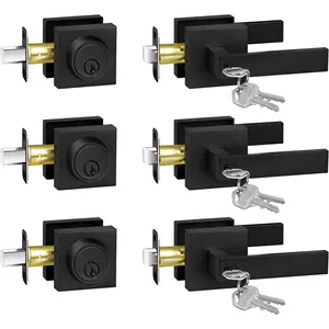 3 Pack Same Keyed Alike Exterior Door Lock Set, Matte Black Single Cylinder Deadbolt Door Handle with Lock and Key for Front Door