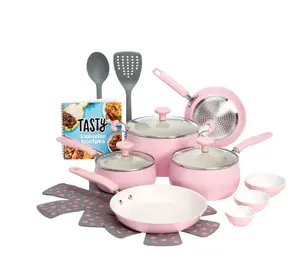 Clean Ceramic 16 Piece Non-Stick Aluminum Cookware Set, Pink