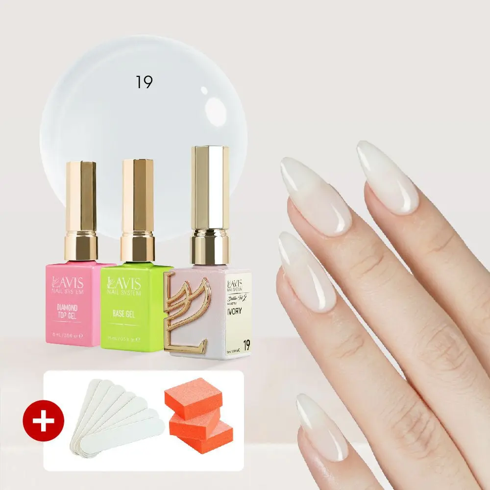 LAVIS Builder Gel in the Bottle Kit 3, FREE 5 MINI FILES + 3 BUFFERS: 19-Ivory, Base, Top - 15ml