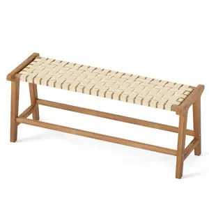 COSTWAY - 47 Inches Long Teak Wood Patio Bench with Weave Seat and Solid Wood Legs-Natural