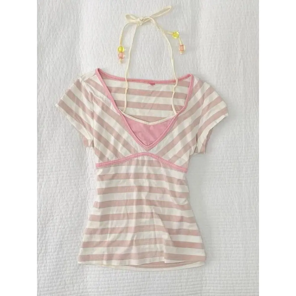 HOUZHOU Cuteore Kawaii Coquette T Shirts Women Japanese Style Y2k Sweet Striped Patchwork Slim Tees Tops Soft Girl Summer 2025