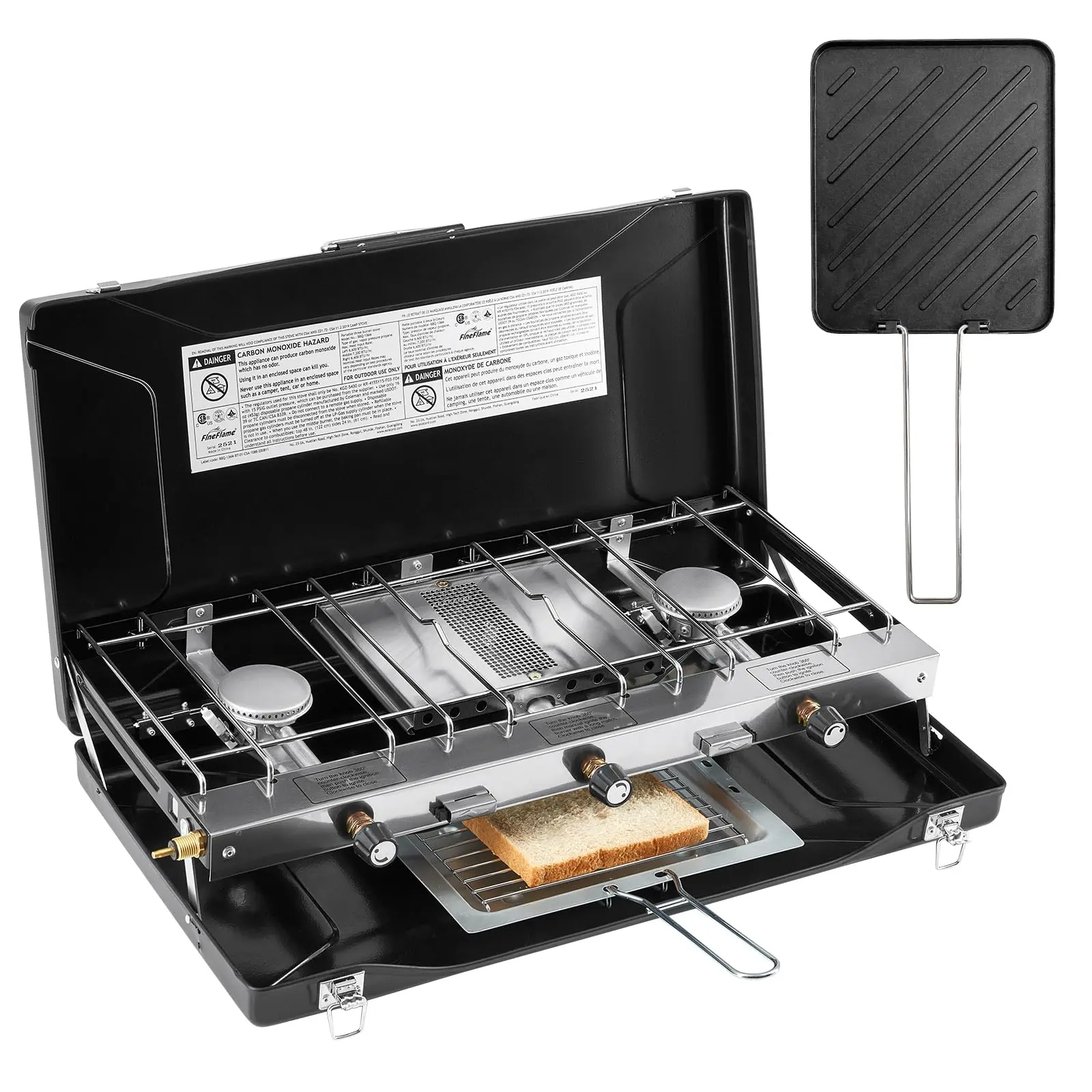 FineFlame Camping Stove 3 Burner 20400 BTU Propane Portable Stove with Regulator, Toast Tray, Windshield for Car Camping BBQ Picnics Outdoor Cooking Camping Gas Stove