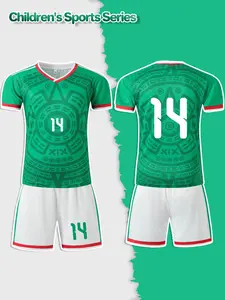 No.14 Mexico-Inspired Kids' Sports Set, Green-White-Red Maya Totem Pattern, Quick-Drying & Breathable, Ideal for Football Training & Daily Wear, Sporty Set