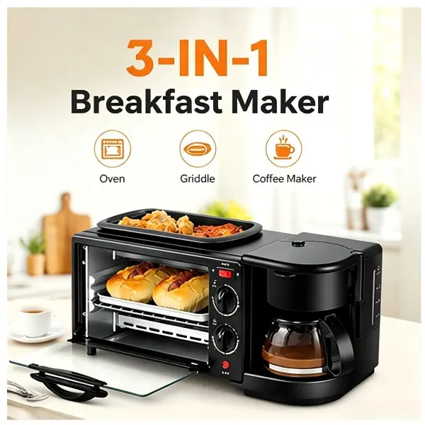 3-in-1 Breakfast Station Coffee Maker Toaster Oven Combo with Nonstick Griddle, Compact Breakfast Maker for Home, Apartment, Dorm, RV