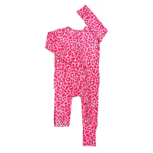 Zuri Leopard RUFFLE ZIP Soft & Comfortable 2-Way Zipper Valentine's Day Baby Romper with Mitten Cuffs & Fold-Over Feet for Newborn to 24m
