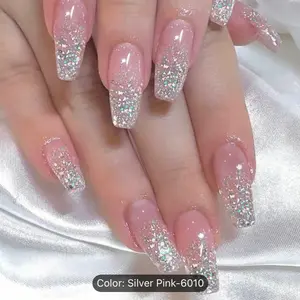 24pcs Glossy Medium Square Fake Nails, Tender Pink Press On Nails With Silvery Shiny Sequin Design, Sparkling Full Cover False Nails For Women Girls Manicure Coverage Cutics Nail Art Nail Care Nail Polish Polish Salon