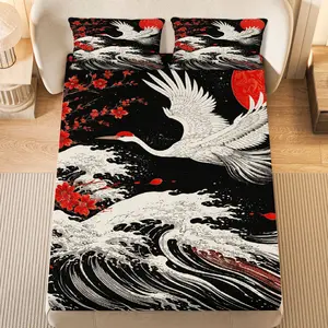 3Pcs Crane Wave Cherry Blossom Fitted sheet Three Piece Set (1*Fitted Sheet+2*Pillowcases, Coreless), Lunar New Year theme, Japanese Art Bedding Set, Mattress protector Soft, Breathable