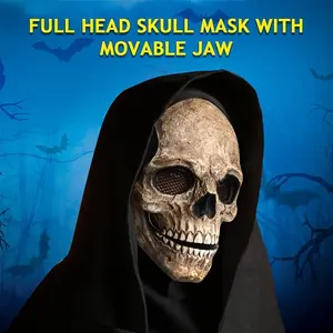 Realistic Latex Skull Face Mask with Movable Jaw, Full Head Skeleton Helmet for Halloween Costume, Perfect for Cosplay & Stage Performances
