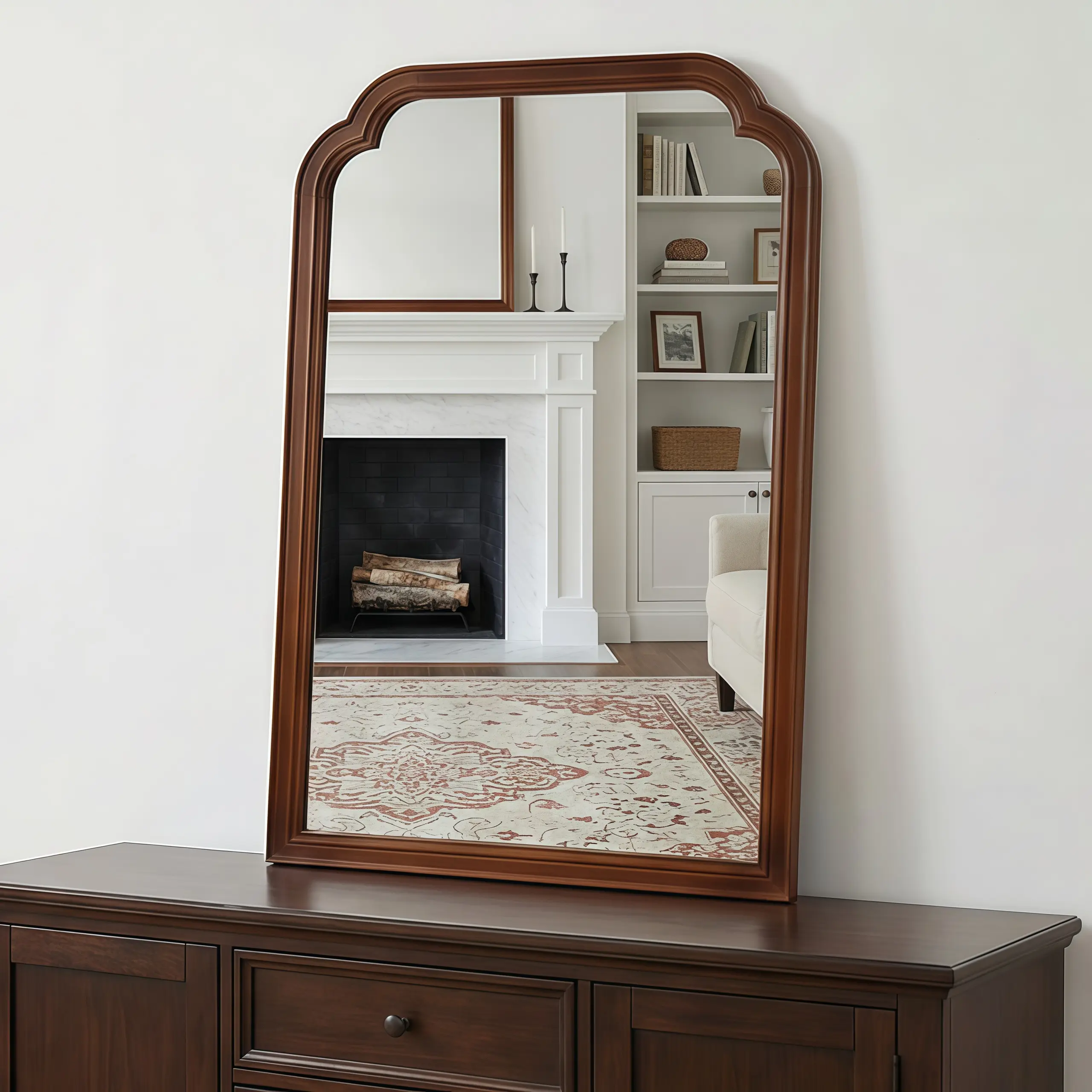 Black Walnut Color 24" x 36" Solid Wood Frame Rounded Corner Decorative Mirror, For Bedroom, Bathroom, Living Room, Entryway, Vanity, Glass