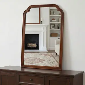 Black Walnut Color 24" x 36" Solid Wood Frame Rounded Corner Decorative Mirror, For Bedroom, Bathroom, Living Room, Entryway