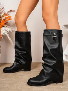 New Fall Winter European Style Classic Metal Buckle High Heel Boots, Slimming Leg Design, Vintage Leather, Comfortable Casual Fashion Booties, Footwear