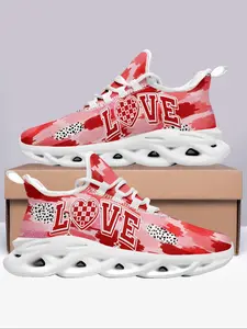 Women's Love Print Lace Up Sneakers, Casual Comfortable Breathable Sports Running Shoes, Female All-match Round Toe Chunky Sneakers for Daily Wear