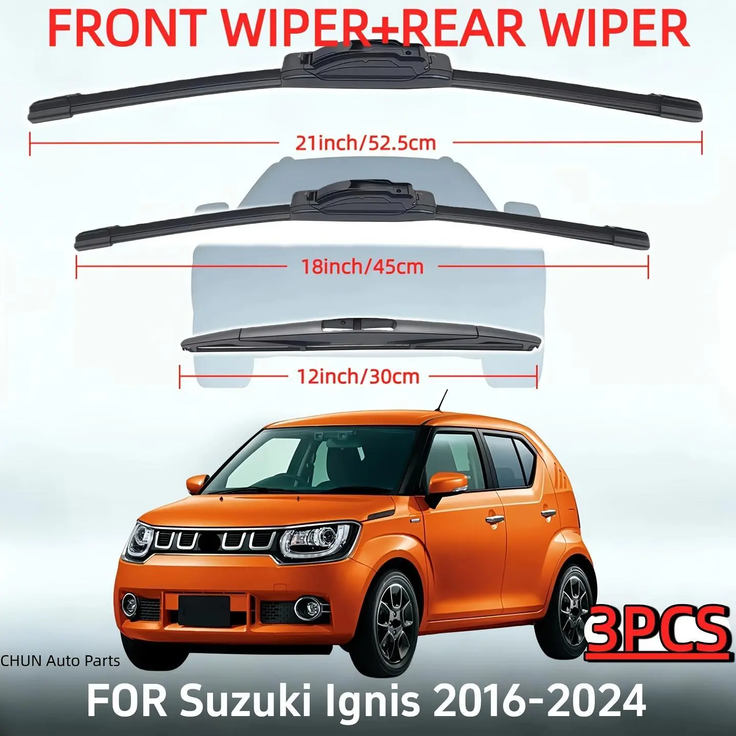 Suitable for Suzuki Ignis 2016-2024 Car Front And Rear Windshield Wiper Blades, Sizes 21''+18''+12''-52.5Cm+45Cm+30Cm, Streak-Free Wiping, All-Season Applicable Front And Rear Three-Piece Set - 3pcs