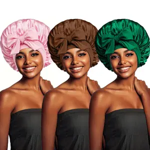 Falote 3-Pcs Heatless Satin Elastic Sleeping Cap, Adjustable Tie Straps, Soft Frizz-Control Hair Care Accessory for Home & Sleeping Use
