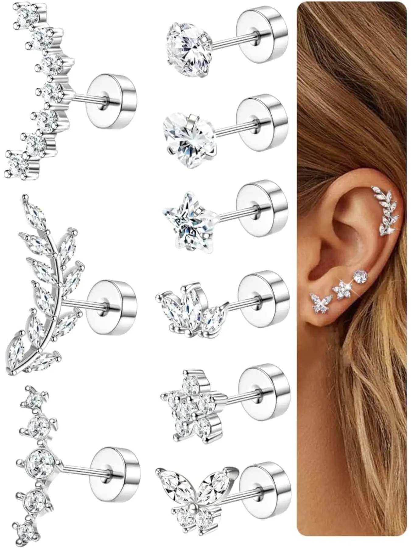 9Pcs Helix Piercing Jewellery Surgical Steel Helix Tragus Cartilage Earrings, Hypoallergenic Earring Set, Earrings With Flat Backs Studs Helix Pierced Earring Ear Conch Daith Tragus Piercing Jewellery for Women Post Earrings, Earrings Jewelry