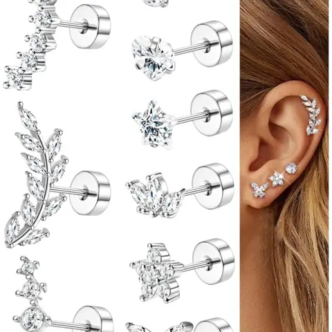 9pcs Helix Piercing Jewellery, Surgical Steel Hoop Earrings, Hypoallergenic Flat Back Studs, Tragus Cartilage Earrings for Women, Earring Set