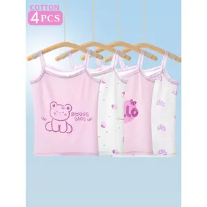 [4pcs Cotton Tank Tops] 4pcs Cotton & Polyester Girls' Tank Tops |         Cartoon Patterns, Medium Stretch, Knit, Regular Fit, with Contrast Lace Detail |         Casual & Wear, All-Season Vest Tanks Ages 12 and Under,-Resistant