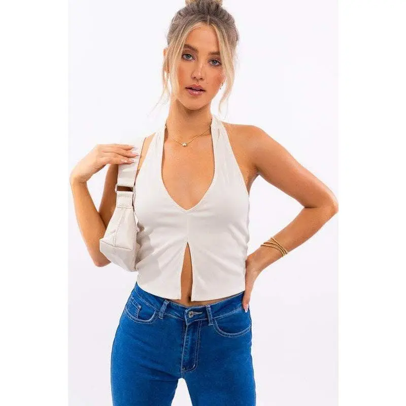 OPEN FRONT HALTER TOP