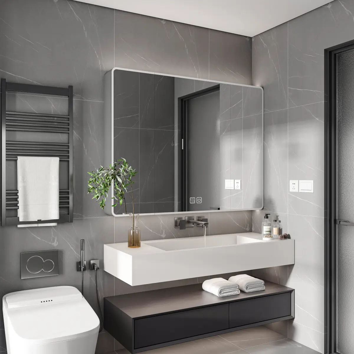 Sturdy 35x32 Inch Grey Aluminium Wall-Mounted Bathroom Medicine Cabinet Mirror - Dimmable LED, Fog-Resistant, 3-Compartment, 5-Shelf, Door-Mounted Hair Dryer Holder, High-Transparency, Adjustable Storage Rack, Home Decor for Bathroom & Makeup Organization