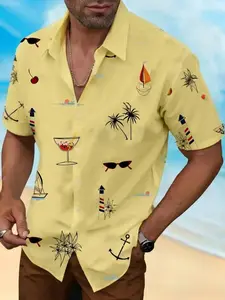 Men's Fashion Casual Short Sleeve Hawaiian Shirt, Menswear, Fitted Tropical Palm Tree and Geometric Print, Perfect for Beach and Summer Holidays，Limited-time offer, fast shipping