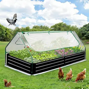 GAOMON Raised Garden Bed with Cover, 8x4x1 Ft Outdoor Galvanized Metal Planter Box Kit with 2 Screen Windows, Mini Greenhouse for Vegetables and Flowers, Clear Top Cover