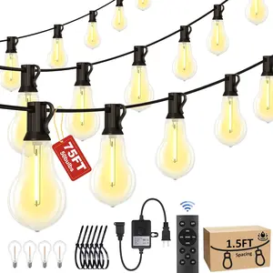 75FT Outdoor String Lights  with 50+4 Bulbs (1.5FT Bulbs Spacing), Remote & Dimmer, Commercial Patio String Lights with 3 Mode Light & Timing, 100 count Mounting Ties for Outside