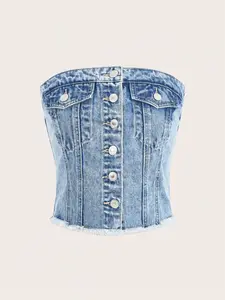 Summer Essential Denim Light Wash Halter Top, Casual Chic Sleeveless Frayed Short Shirt, Casual Fashion for Women, Fit, Perfect for Hot Days, Womenswear