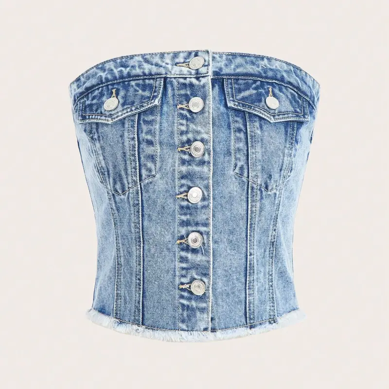 Summer Essential Denim Light Wash Strapless Top, Casual Chic Frayed Fitted Top for Women, Perfect for Hot Days, Fashion Womenswear, Casual Beach Tank, Beachy Tops