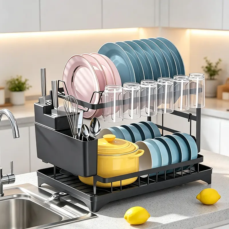 Stainless Steel 2-Layer Kitchen Drying Rack Organiser - Freestanding Countertop Home Supply with Detachable Large Capacity, Drain Box for Tableware, Knife+Cup Storage, Cutting Boards, Utensils, Durable Space-Saving, Easy Maintenance