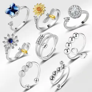 8Pcs Silver Fidget Ring Set | Adjustable Fairycore Spinner Rings For Anxiety | Tarnish-Free